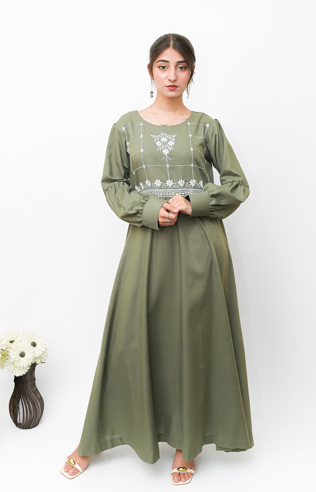 Olive Green Hand Embroidered A-Line Frock with Bishop Sleeves