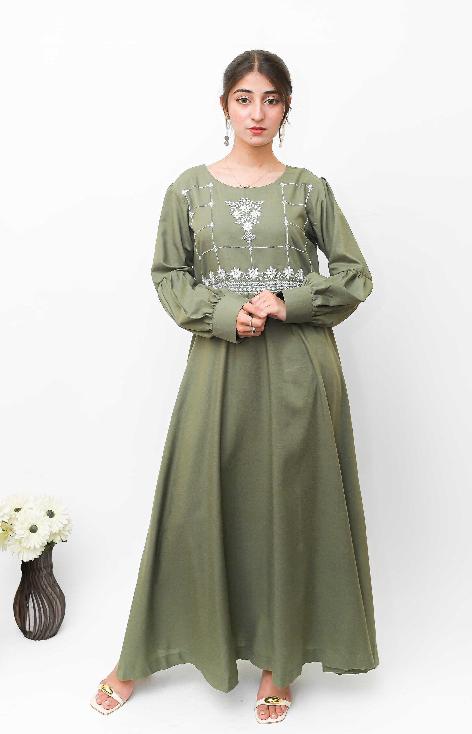 Olive Green Hand Embroidered A-Line Frock with Bishop Sleeves
