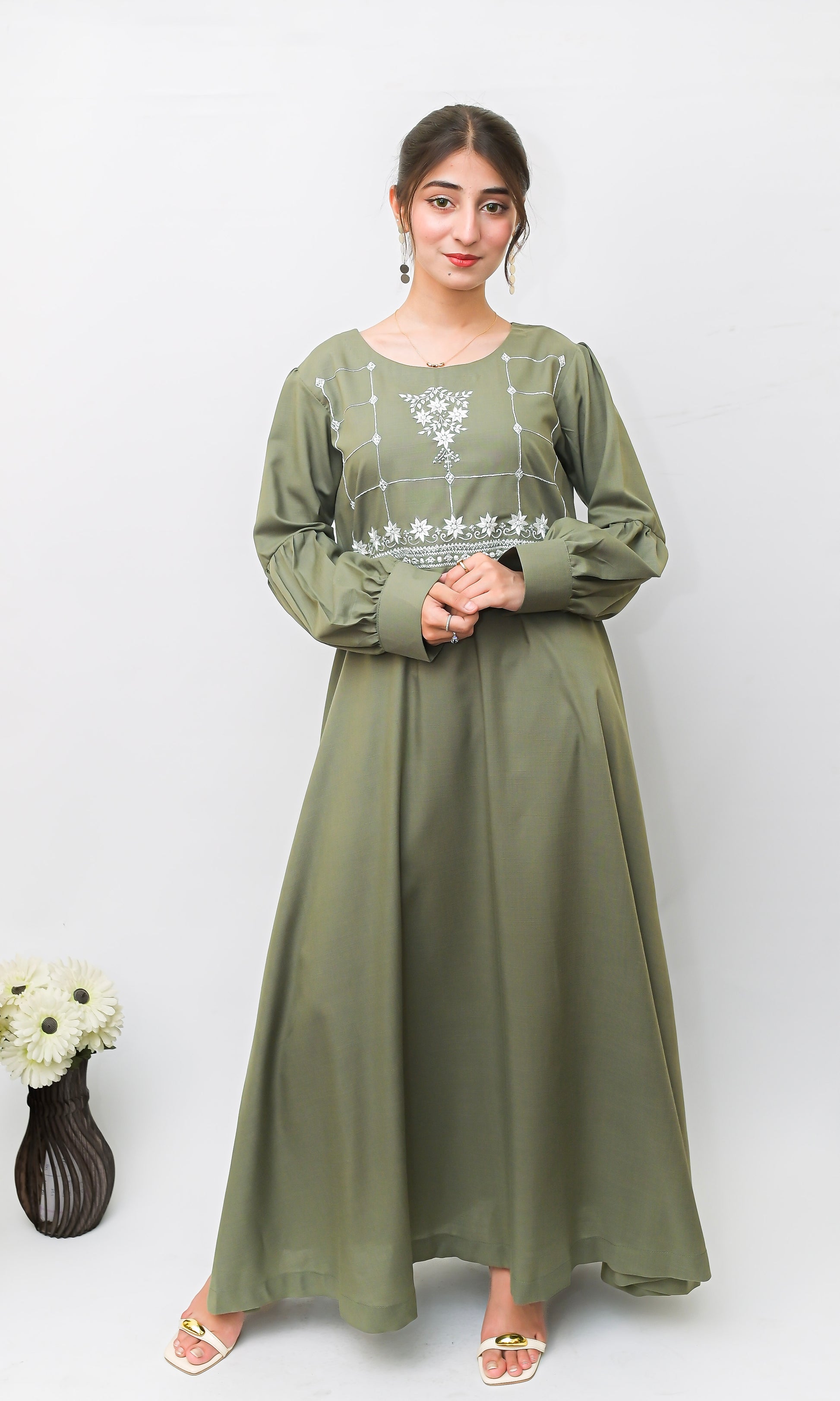 Olive Green Hand Embroidered A-Line Frock with Bishop Sleeves