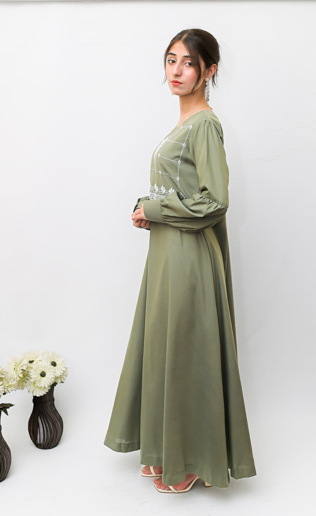 Olive Green Hand Embroidered A-Line Frock with Bishop Sleeves