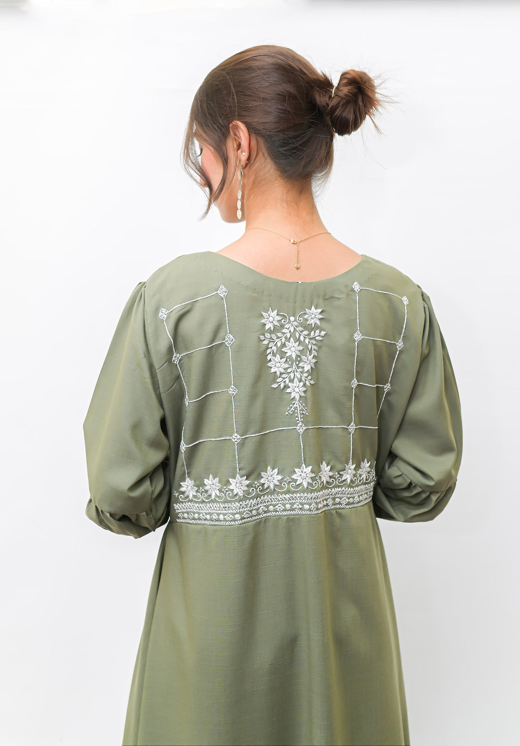 Olive Green Hand Embroidered A-Line Frock with Bishop Sleeves