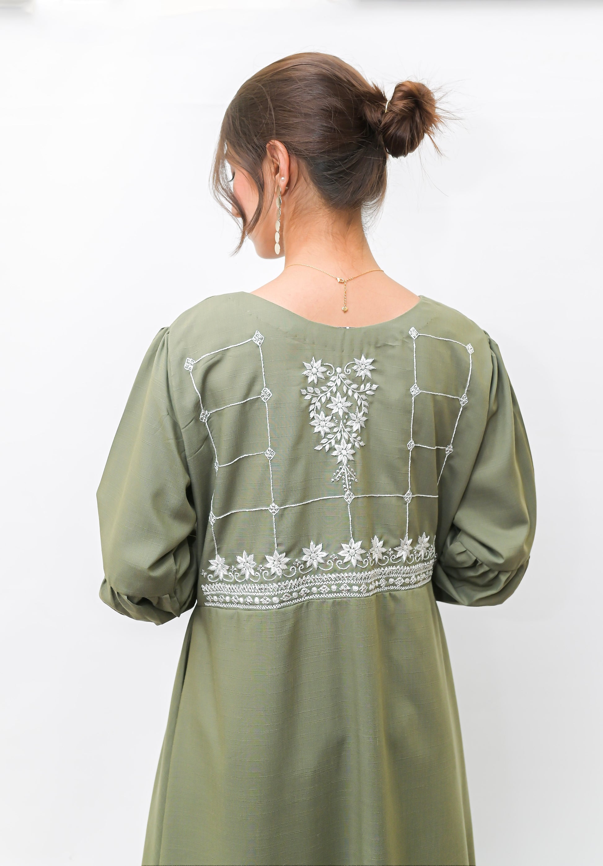 Olive Green Hand Embroidered A-Line Frock with Bishop Sleeves