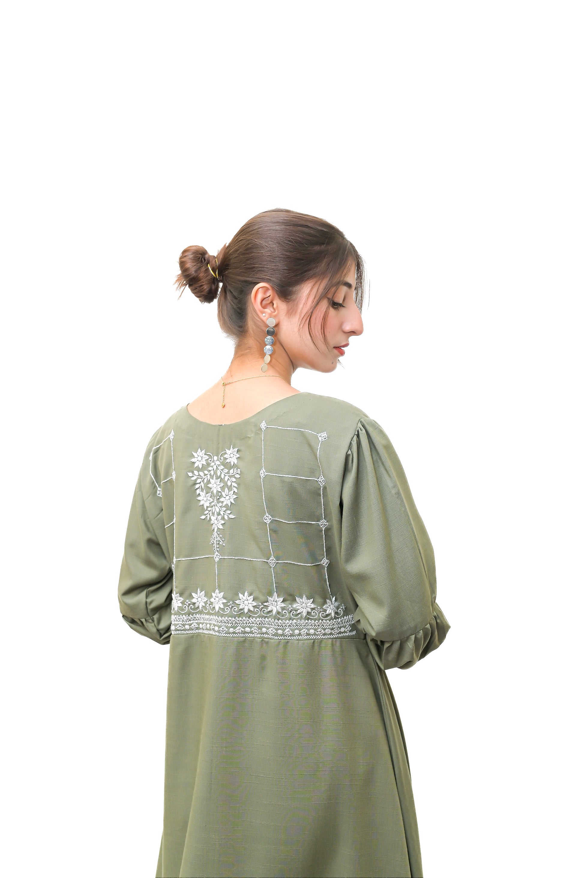 Olive Green Hand Embroidered A-Line Frock with Bishop Sleeves