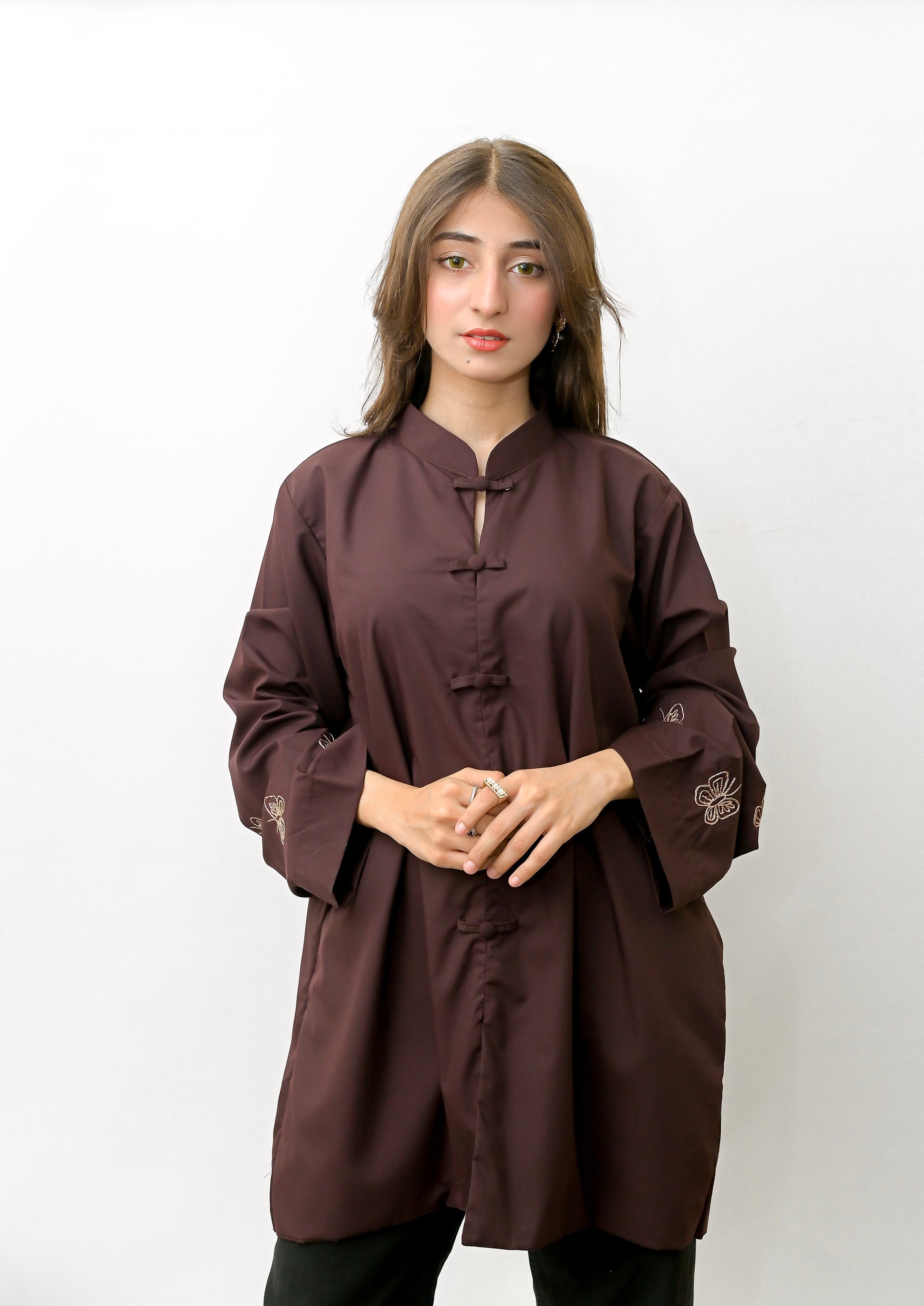 Chocolate Brown Minimalist Shirt with Mandarin Collar and Butterfly Hand Embroidery