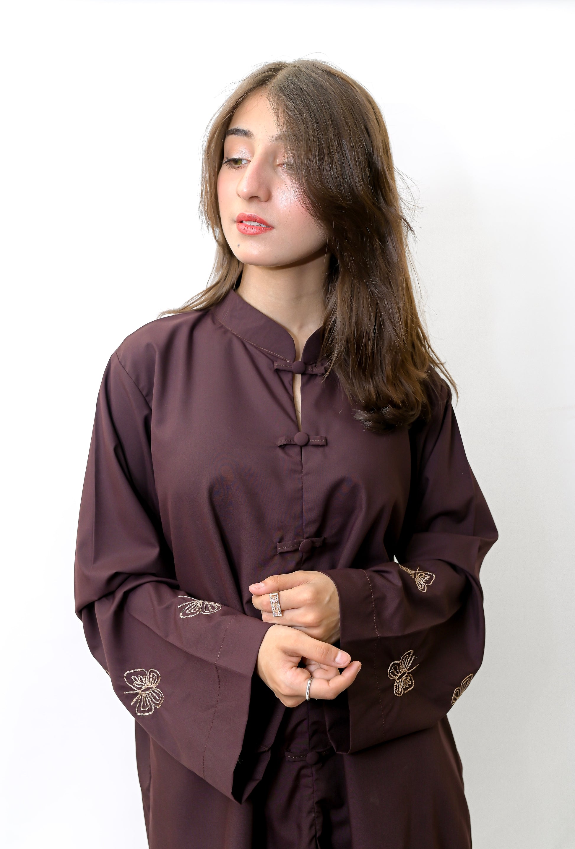 Chocolate Brown Minimalist Shirt with Mandarin Collar and Butterfly Hand Embroidery