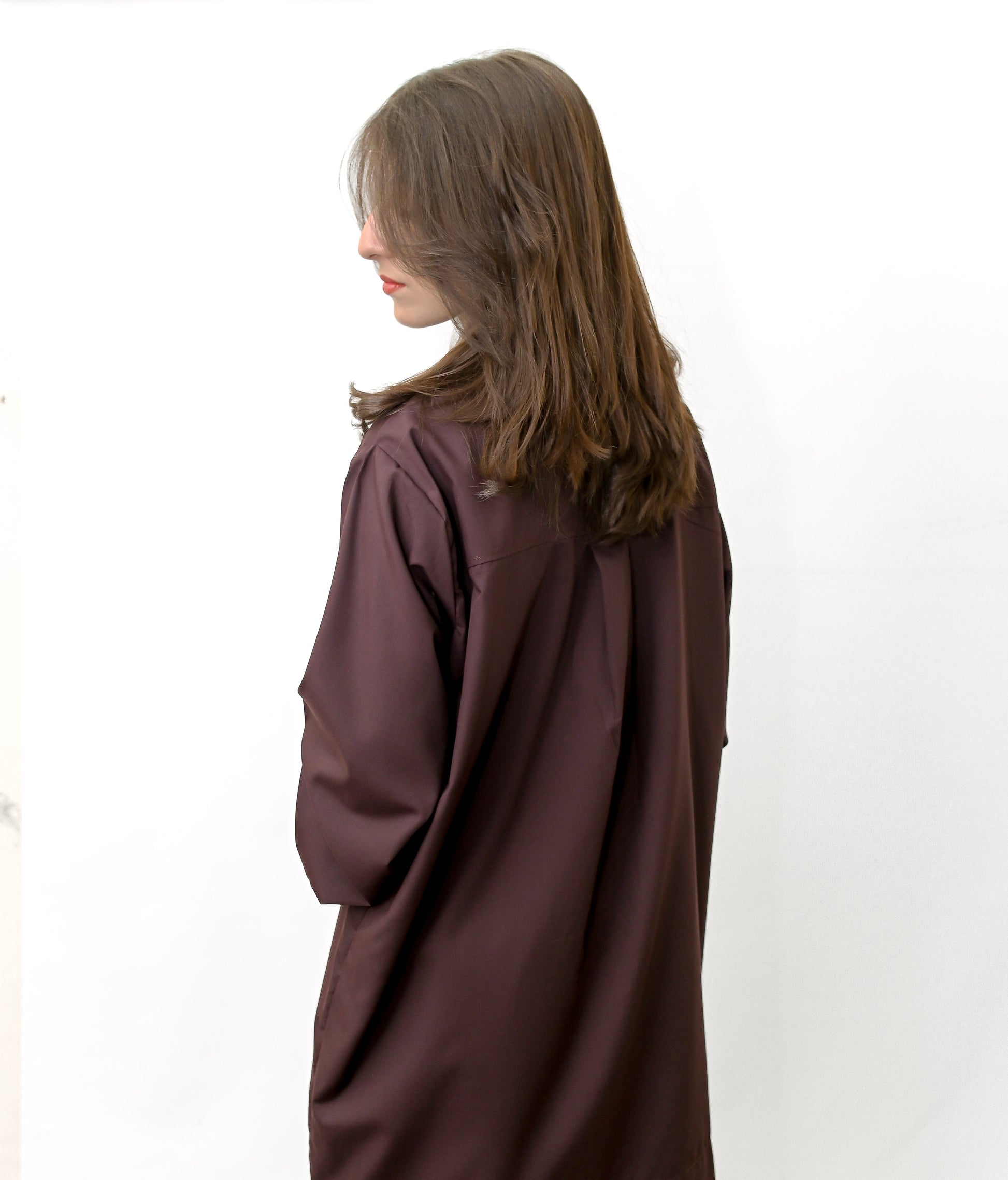 Chocolate Brown Minimalist Shirt with Mandarin Collar and Butterfly Hand Embroidery