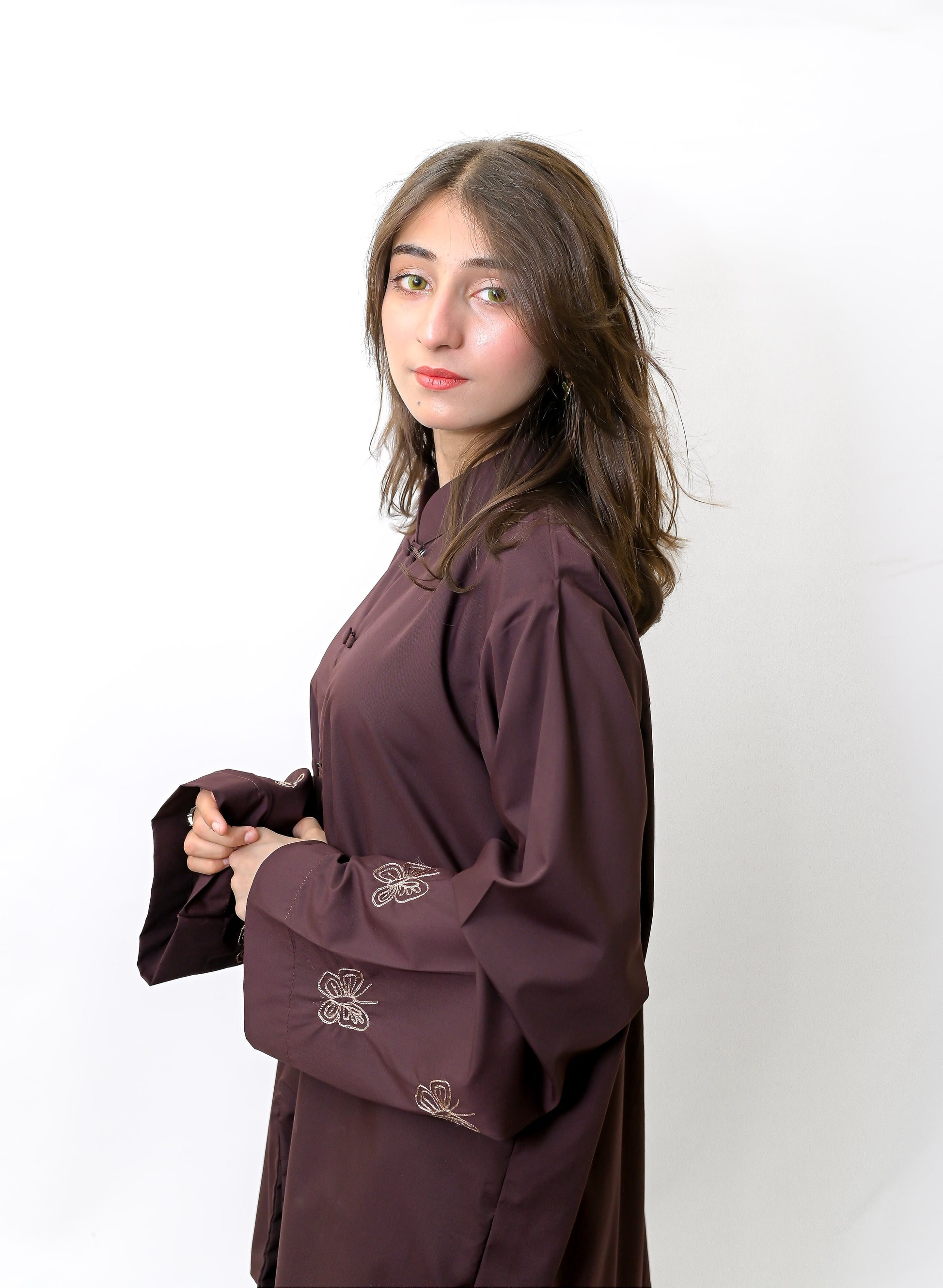 Chocolate Brown Minimalist Shirt with Mandarin Collar and Butterfly Hand Embroidery