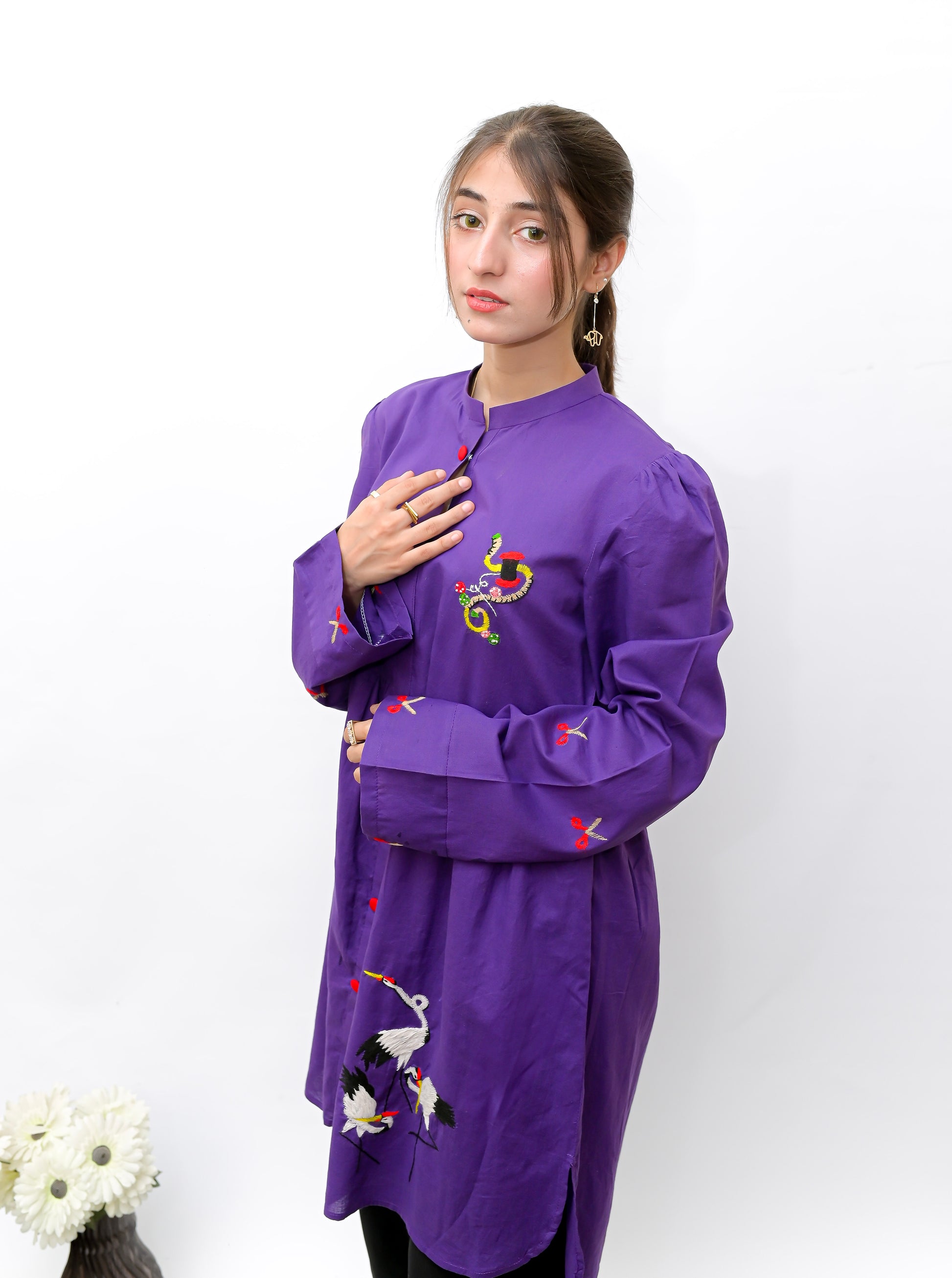 Purple Hand Embroidered Long Shirt with Button Detailing