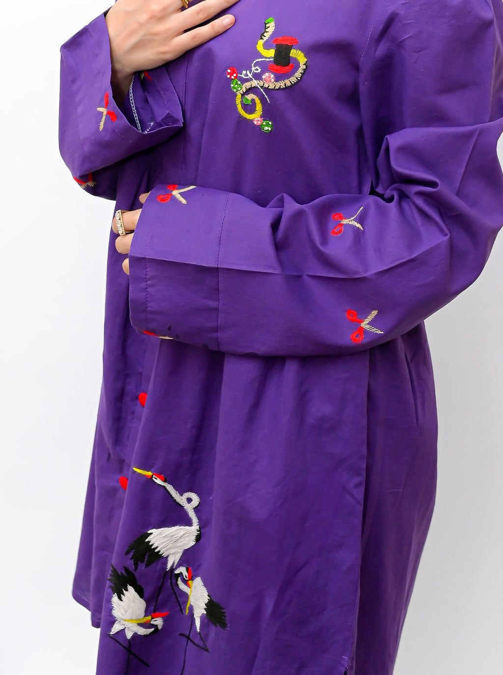 Purple Hand Embroidered Long Shirt with Button Detailing