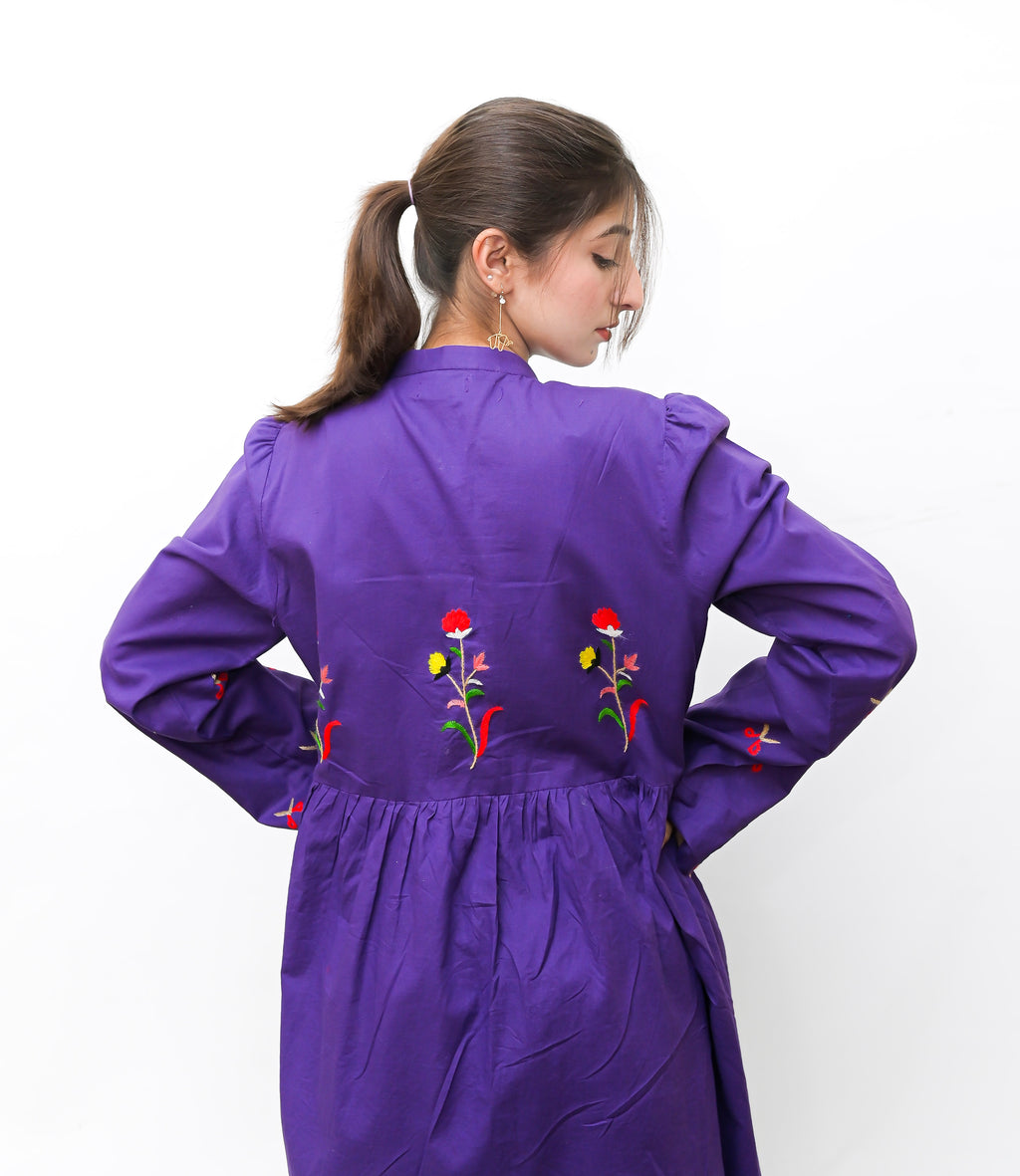 Purple Hand Embroidered Long Shirt with Button Detailing