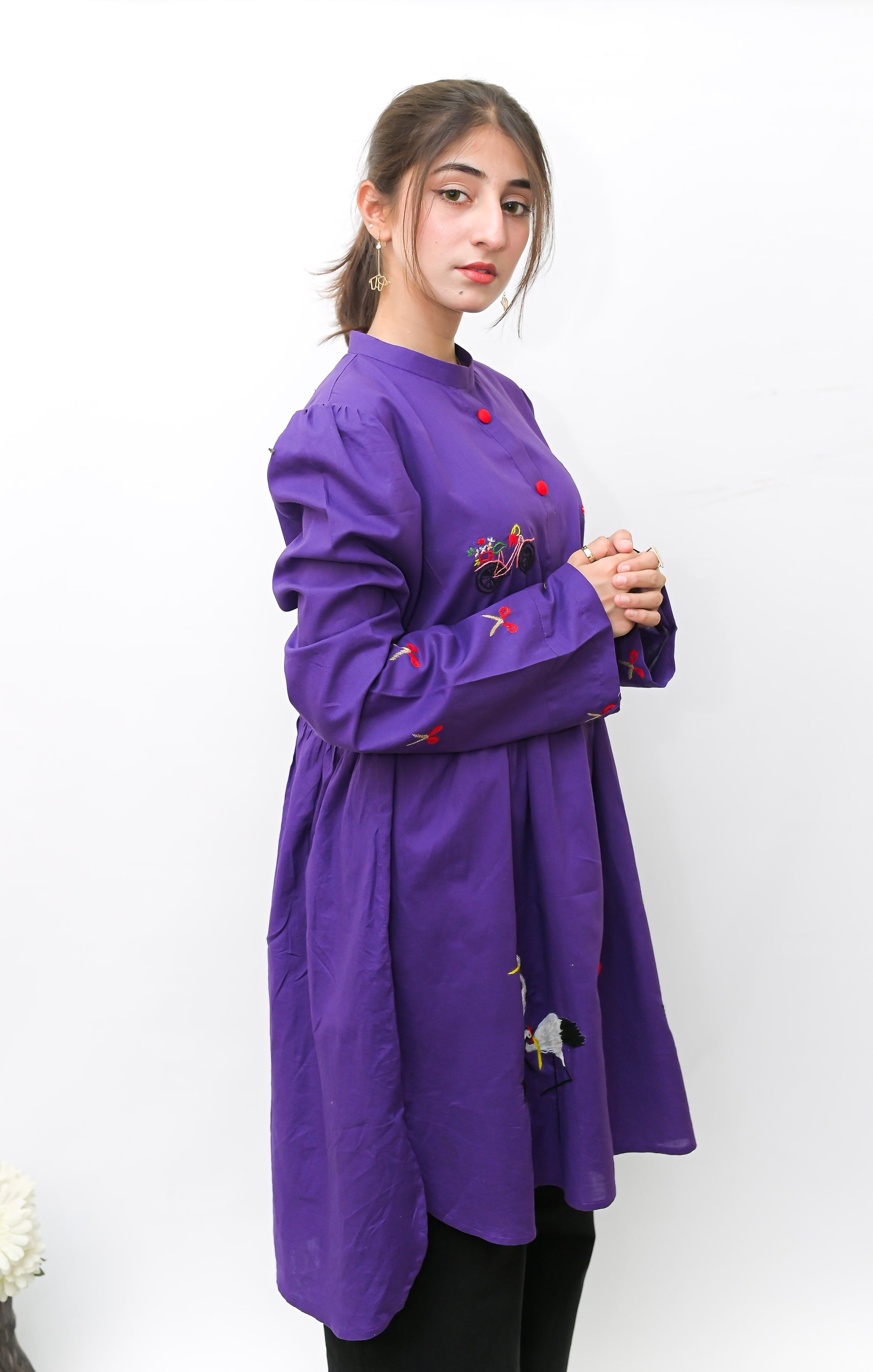 Purple Hand Embroidered Long Shirt with Button Detailing
