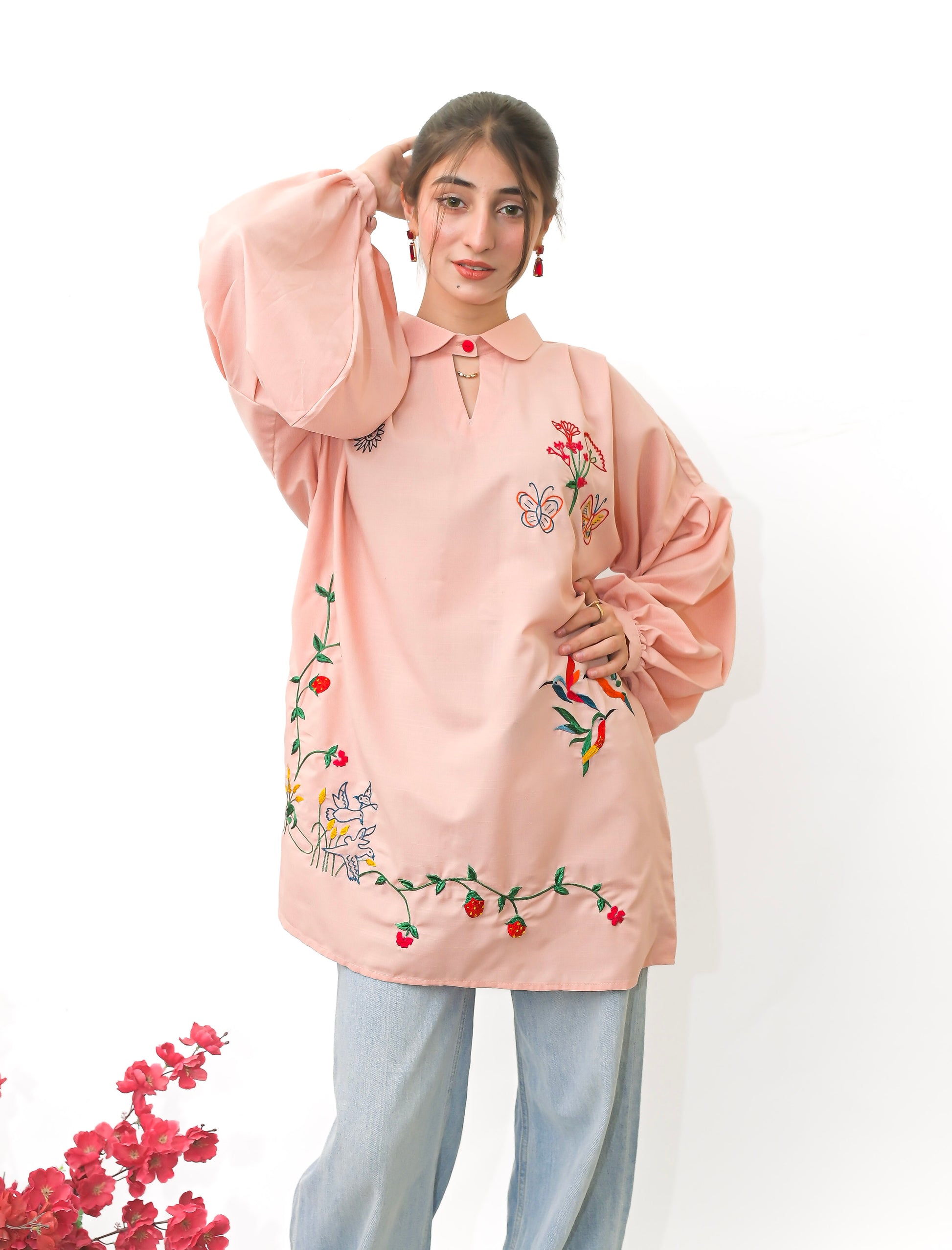 Blush Pink Hand Embroidered Shirt with Peter Pan Collar