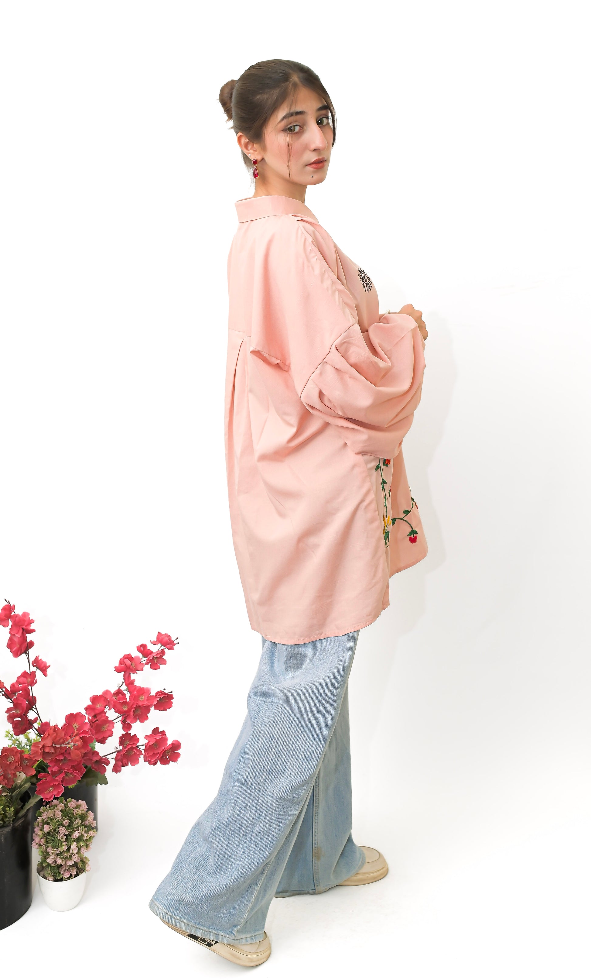 Blush Pink Hand Embroidered Shirt with Peter Pan Collar