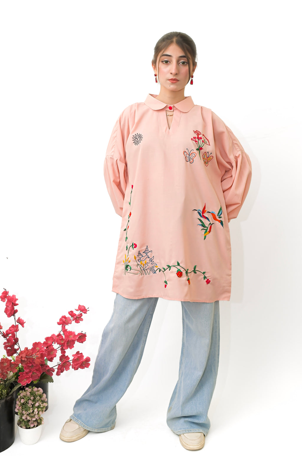 Blush Pink Hand Embroidered Shirt with Peter Pan Collar