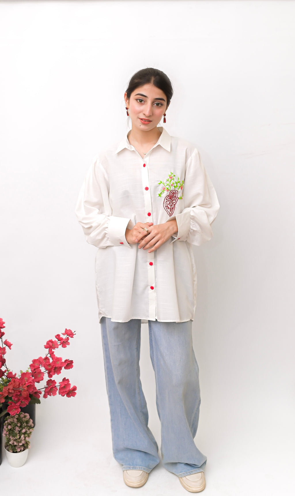 Off-White Hand Embroidered Long Shirt