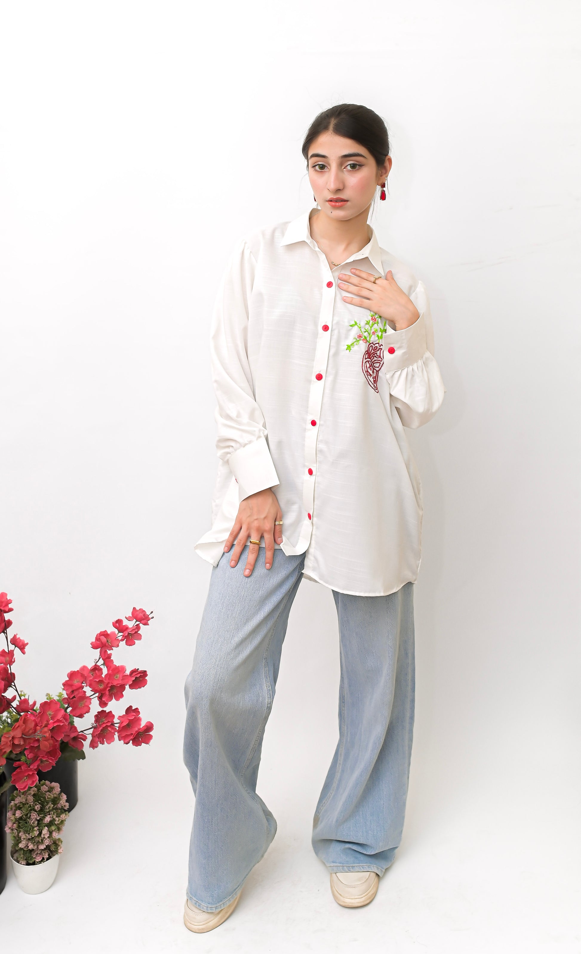 Off-White Hand Embroidered Long Shirt