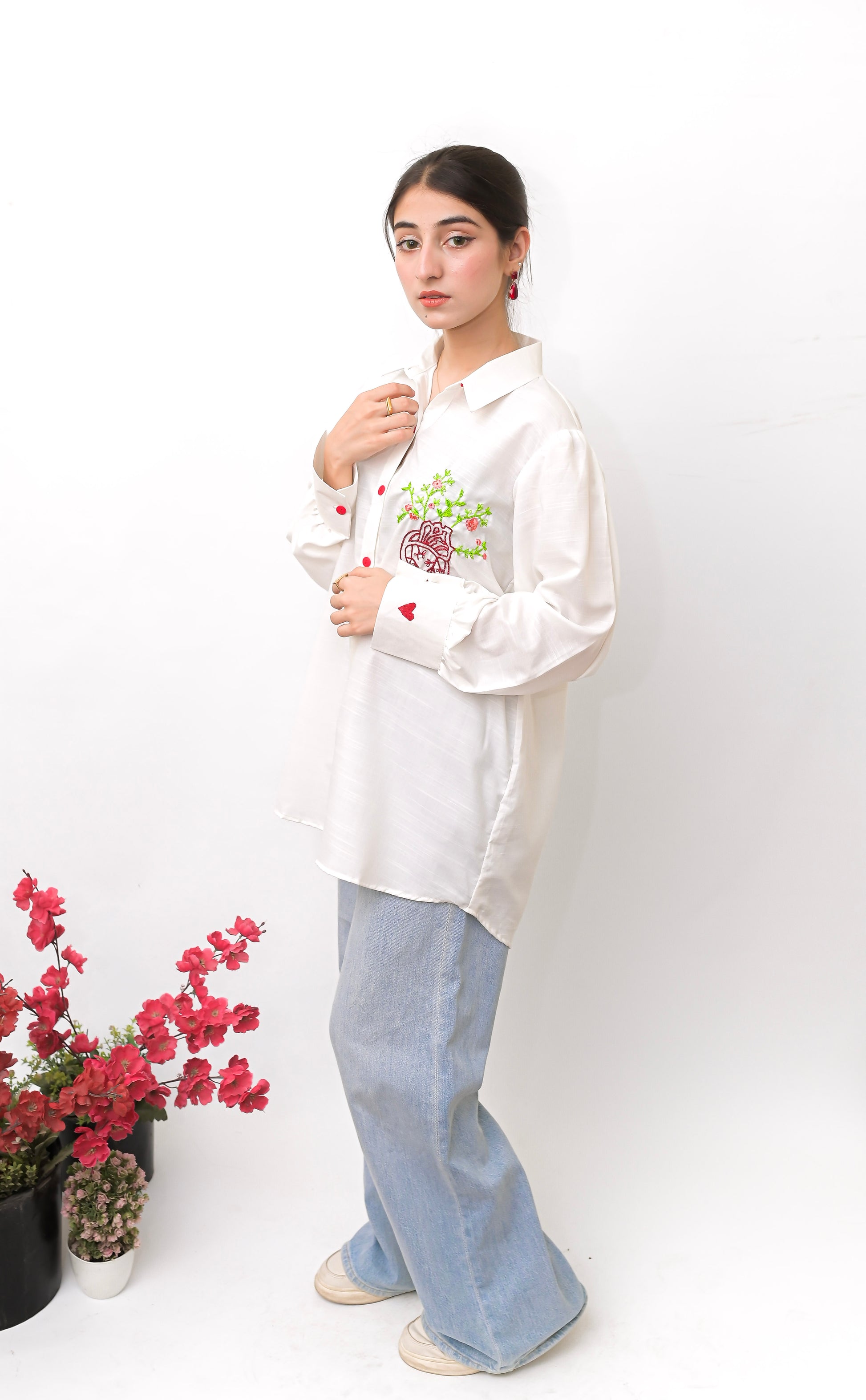 Off-White Hand Embroidered Long Shirt