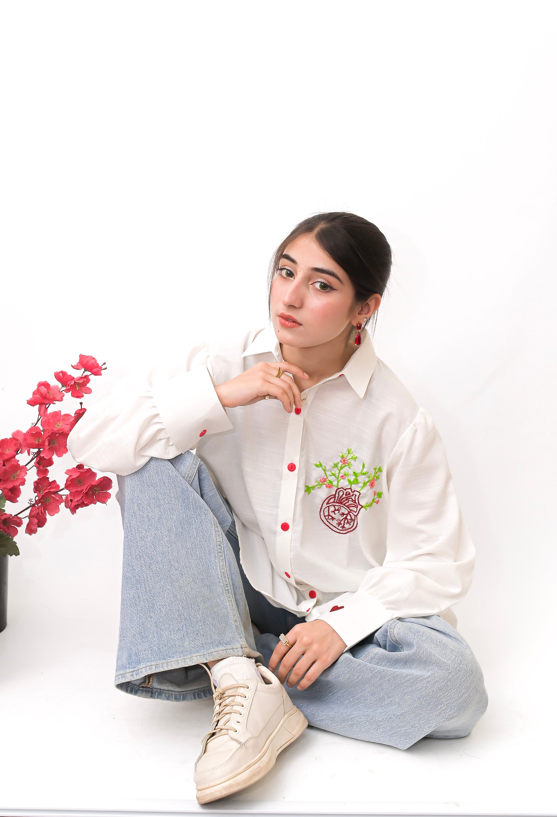 Off-White Hand Embroidered Long Shirt