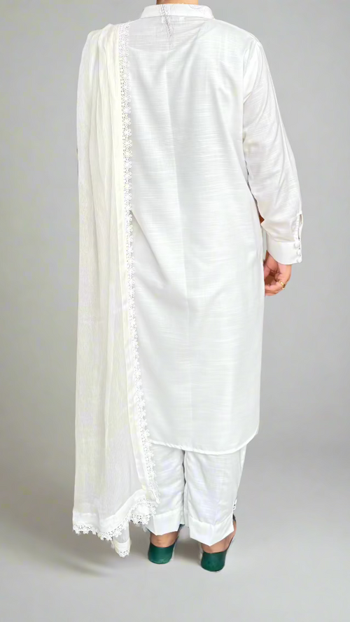 3PC-Elegant White Kurta Set with Lace Dupatta