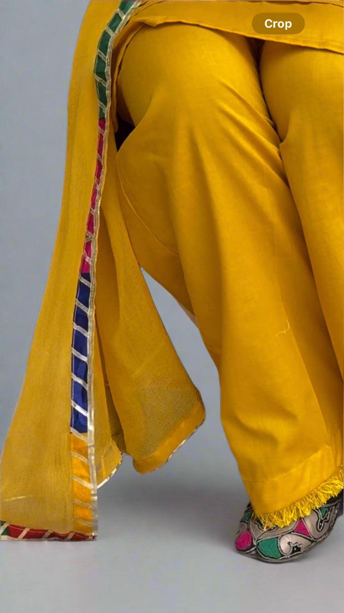 3PC-Mustard Yellow Kurta Set with Multicolor Embellishments