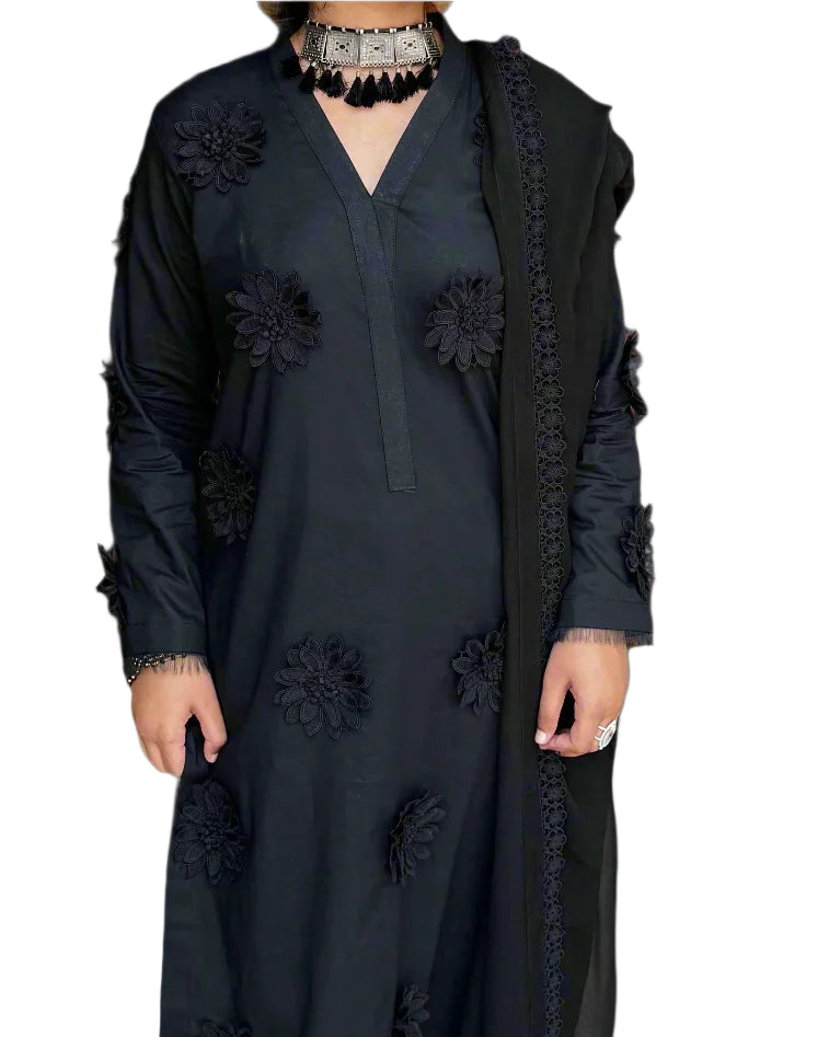 3PC-Midnight Black 3D Floral Embroidered Kurta Set