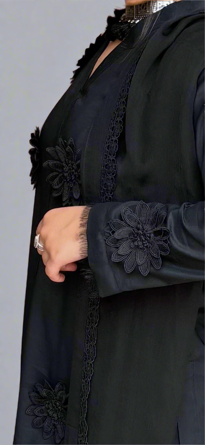 3PC-Midnight Black 3D Floral Embroidered Kurta Set